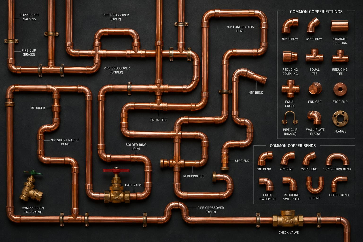 Copper Pipes, fittings and bends